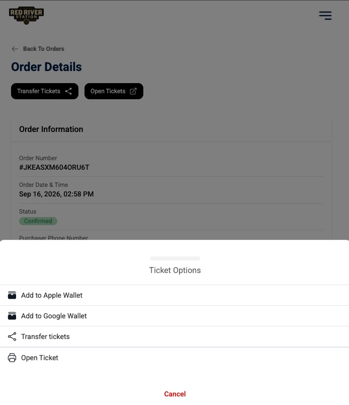 The ⋮ menu: wallet, transfer, and open options