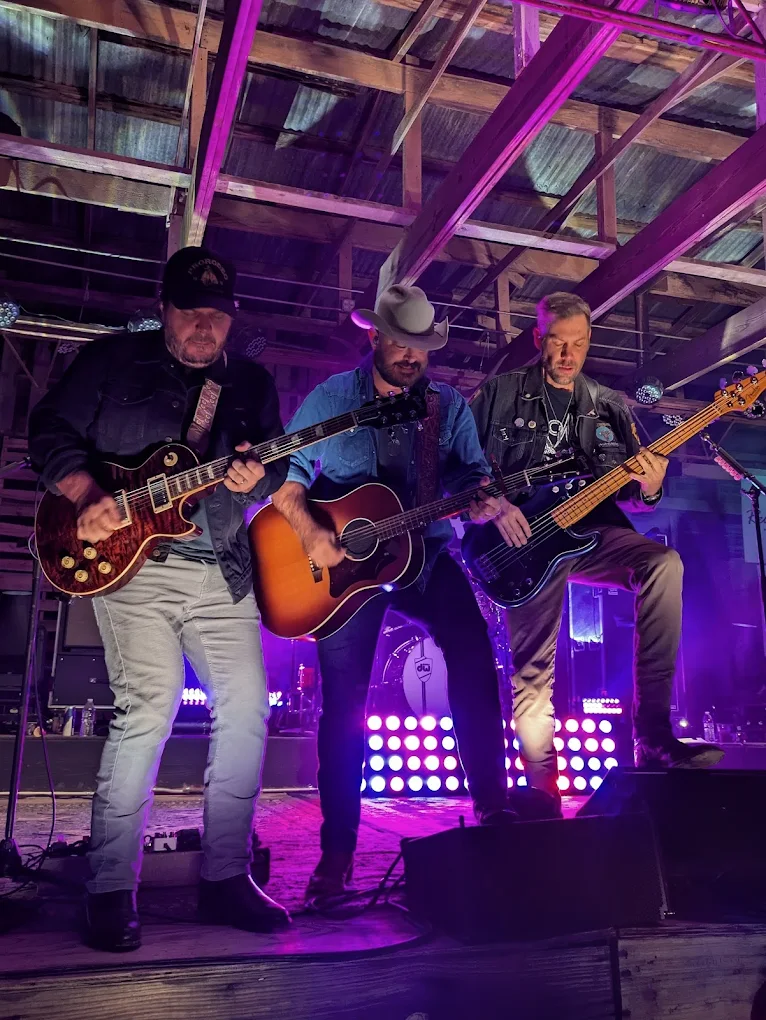 Three musicians playing guitar and bass in purple stage light